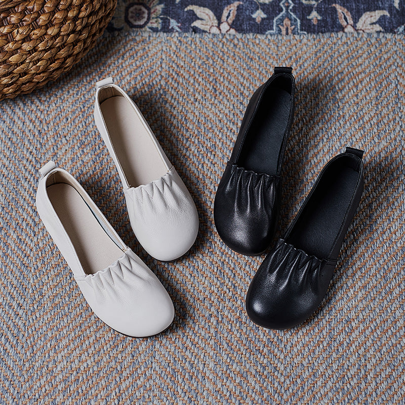 Women's Soft Leather Pleated Daily Slip-On Walking Flats