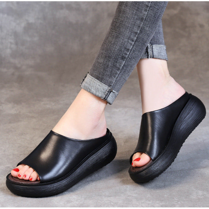 Women's Leather Open Toe Chunky Wedge Heel Mule