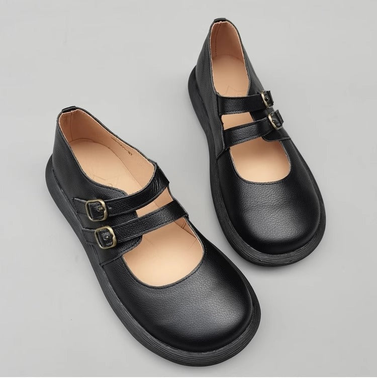 Women's Wide Toe Box Double Buckle With Handmade Leather Mary Jane Flats