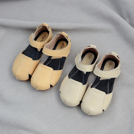 Women's Soft Leather Closed-Toe Velcro Sandals – Comfortable Flat Style