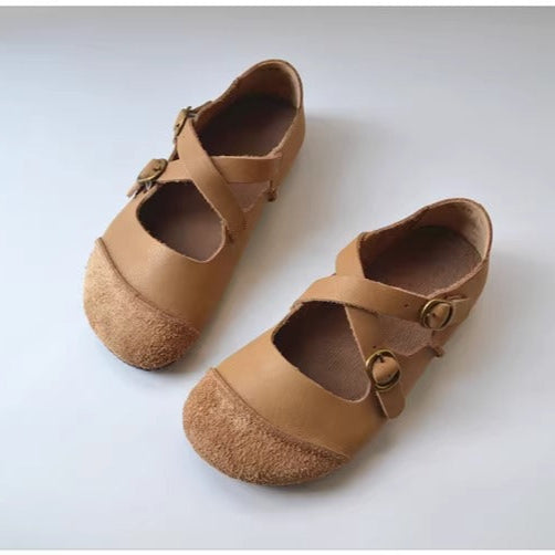 Women's Women's Leather Retro Patchwork Flat Cross Strap Mary Jane Shoes