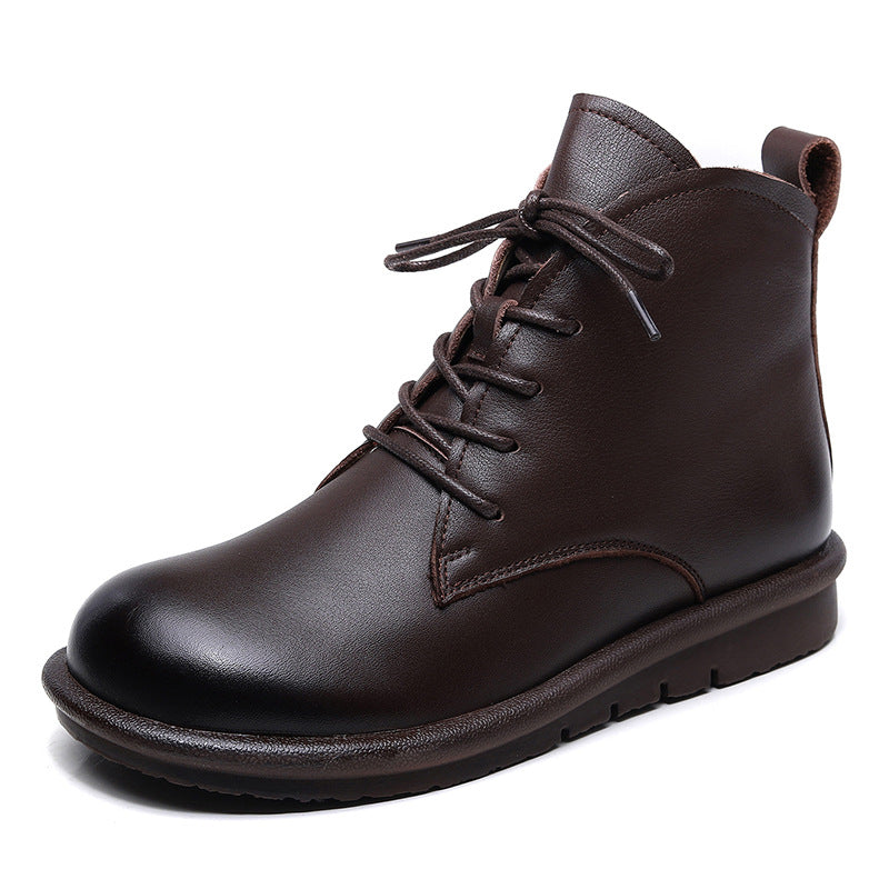 Women's Retro Leather Ankle Boots – Flat Sole, Lace-Up & Zipper