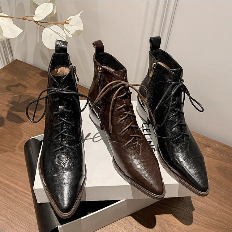 Women's Leather Lace-Up Ankle Boots – Pointed Toe & Block Heel