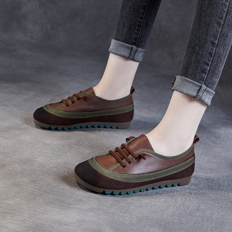 Women's Leather Casual Daily Walking Lace Up Flat Shoes