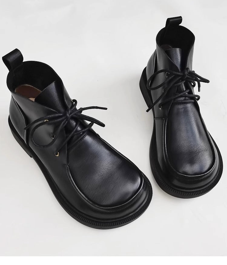 Womens Genuine Leather Wide Toe Lace-up Ankle Boots