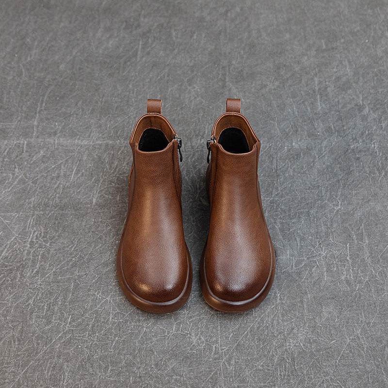 Women's Comfortable Leather Ankle Boots – Low Heel with Side Zipper