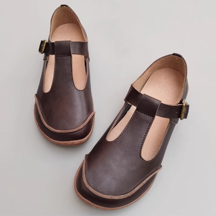 Handmade Vintage Genuine Leather Soft Lightweight T-Strap Mary Jane Shoes for Women