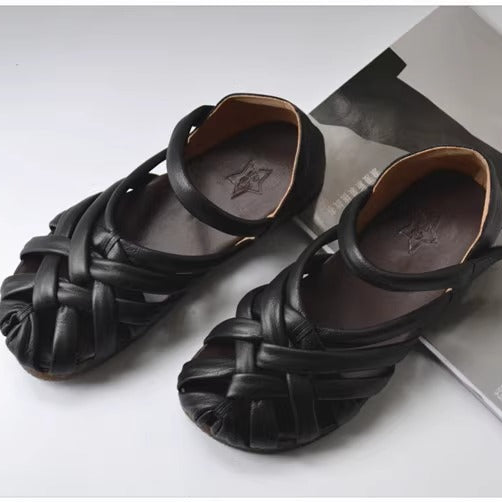 Women's Leather Hand-Woven Velcro Flat Sandals