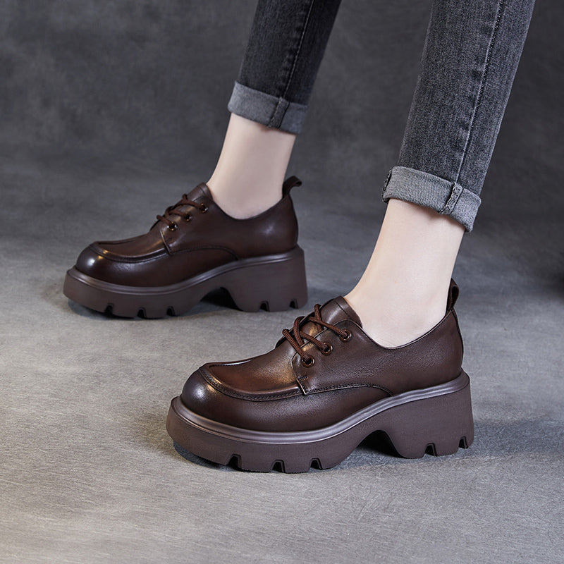 Women's Leather Chunky Heel Lace-Up Oxfords