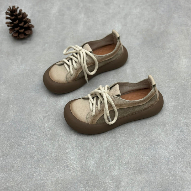 Women's Soft Leather Lace-Up Flats – Round Toe Comfort Shoes
