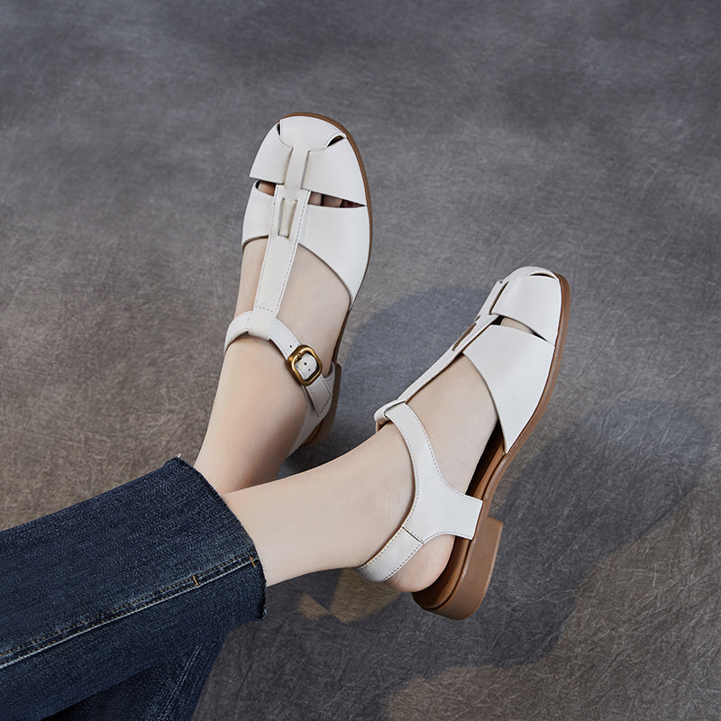 Women's Leather Summer Closed Toe T-Strap Comfort Sandals