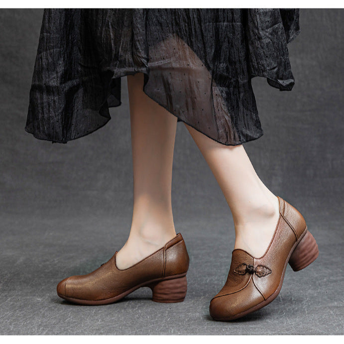 Women's Elegant Slip-On Mid Heels – Inspired by Chinese Frog Button Design
