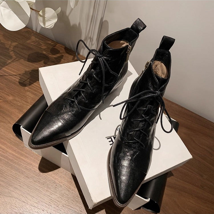 Women's Leather Lace-Up Ankle Boots – Pointed Toe & Block Heel