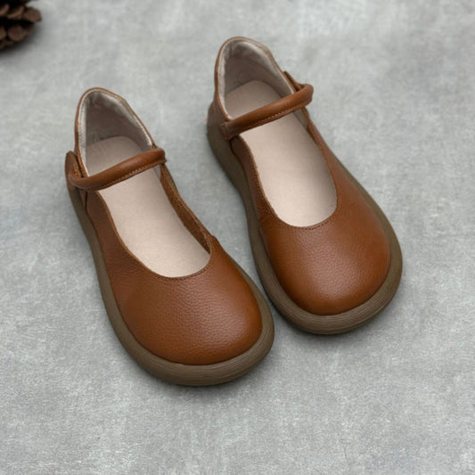 Women's Leather Handmade Soft Sole Round Toe Mary Jane Flat Shoes