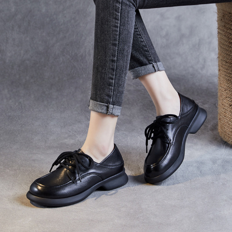 Women's Leather Comfortable Casual Chunky Heel Lace-Up Shoes
