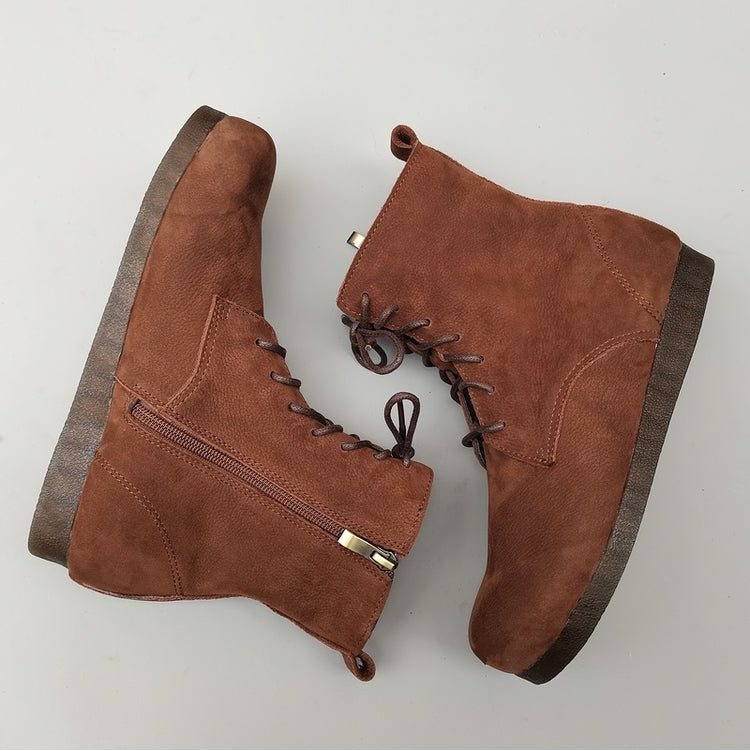 Women's Handmade Vintage Leather Lace-Up Flat Boots – Soft Sole, Breathable & Comfortable