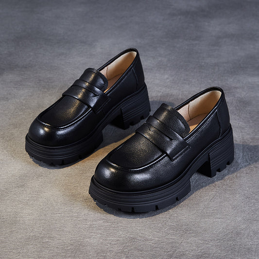 Women's Leather Thick Sole Chunky Flat Platform Preppy Style Loafers