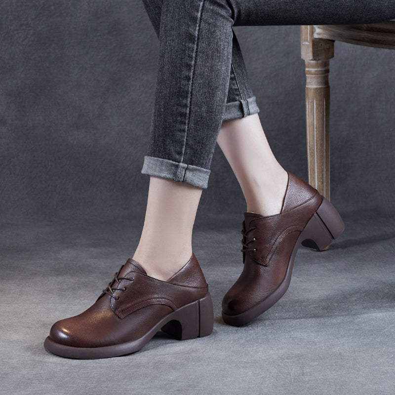 Women's Leather Retro Lace-up Block Heel Oxford Shoes