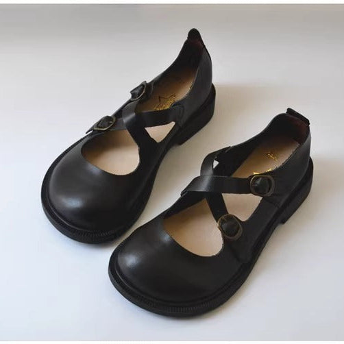Women's Wide Fit Mary Jane Leather Flats – Handmade with Buckle Strap – Comfort Shoes