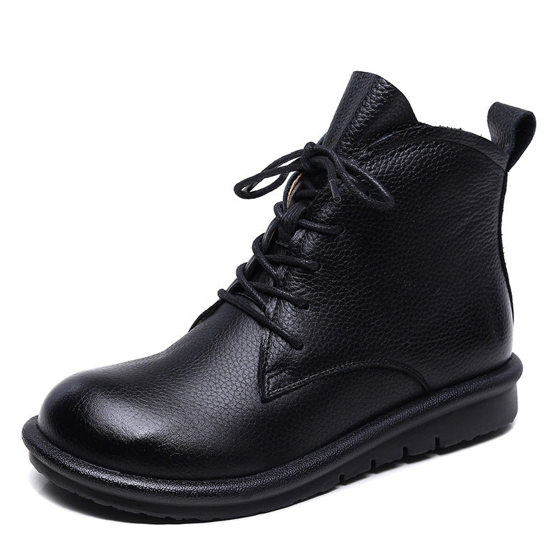 Women's Retro Leather Ankle Boots – Flat Sole, Lace-Up & Zipper