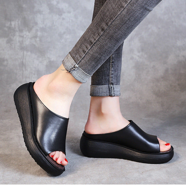 Women's Leather Open Toe Chunky Wedge Heel Mule