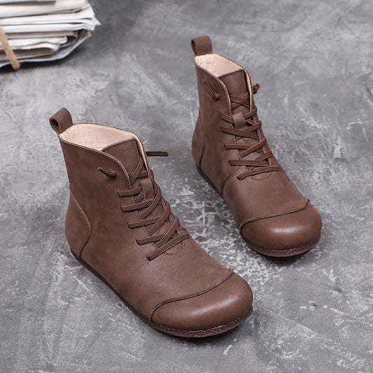 Womens Handmade Retro Color Matching Leather Lace-up Flat Boots