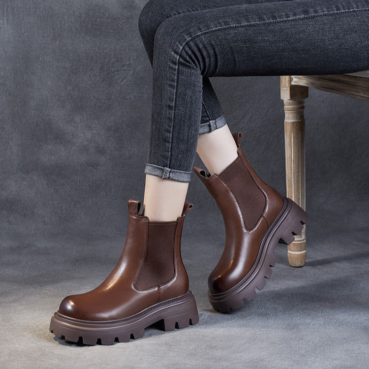 Women's Retro Genuine Leather Chelsea Boots – Chunky Platform Sole Ankle Boots