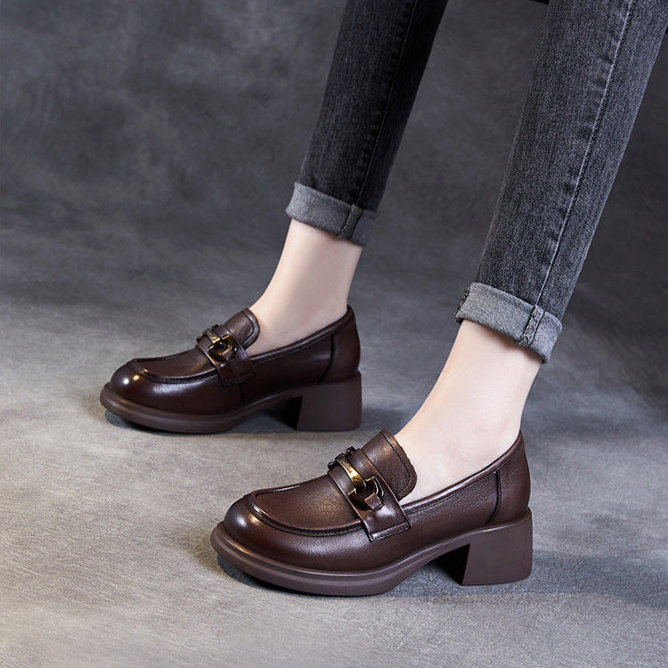 Women's Genuine Leather Loafers – Mid Heel Slip-On Shoes with Metal Accent