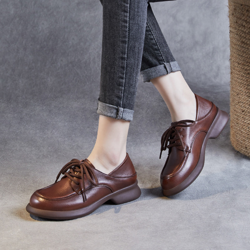 Women's Leather Comfortable Casual Chunky Heel Lace-Up Shoes