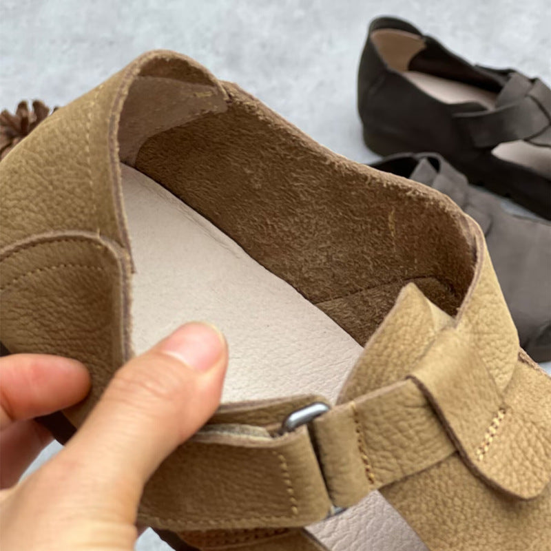 Comfortable Vintage Leather Velcro Mary Jane Flats Womens Shoes