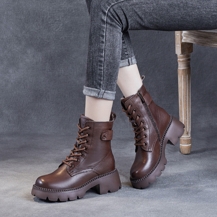 Women's Genuine Leather Combat Boots – Platform Chunky Heel with Side Zipper