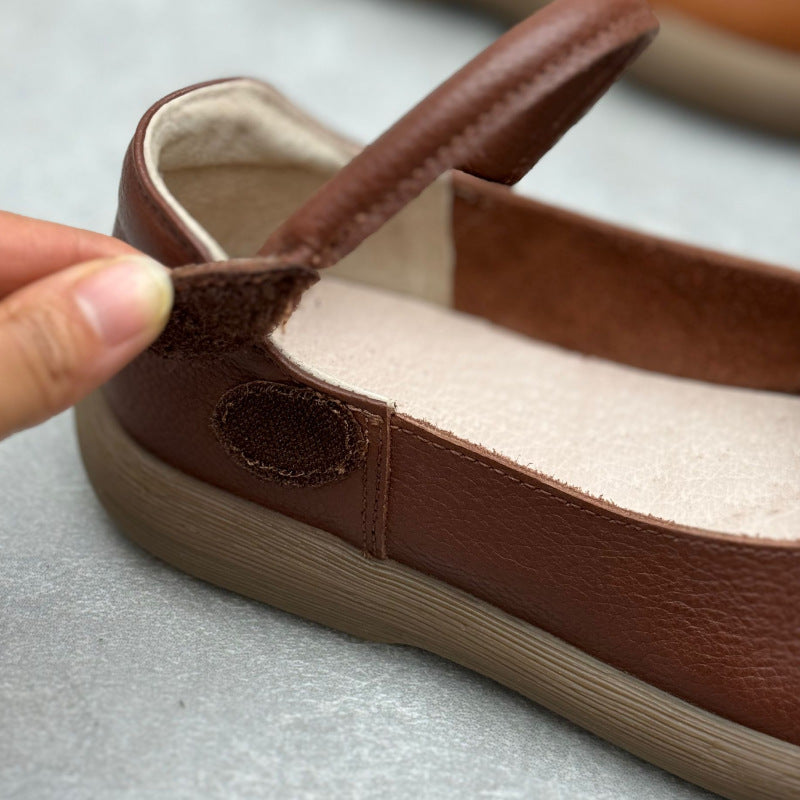 Women's Leather Handmade Soft Sole Round Toe Mary Jane Flat Shoes