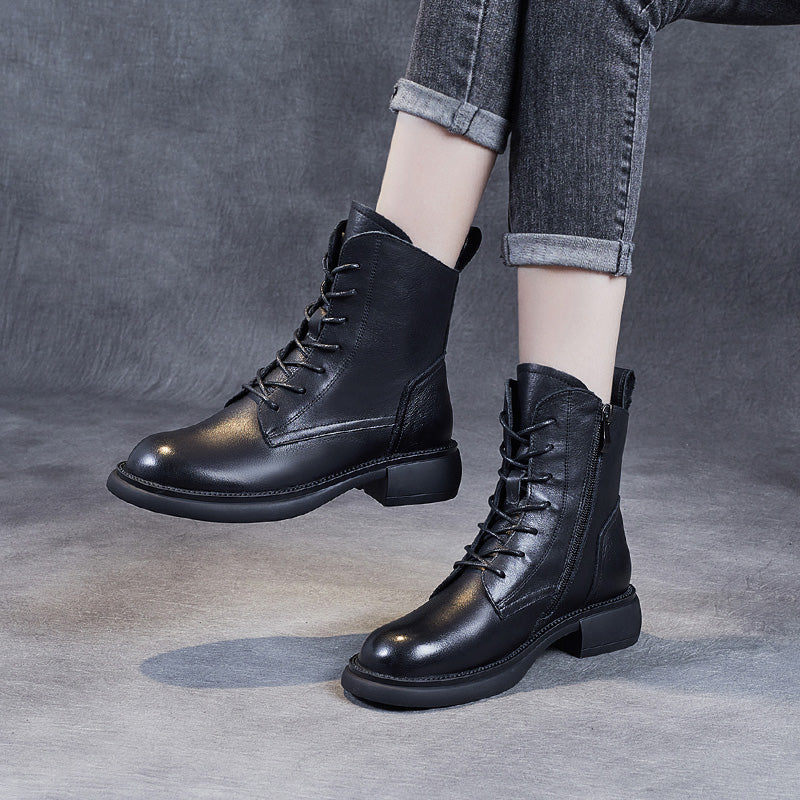 Women's Leather Vintage Zipper Lace Up Block Heel Ankle Boots