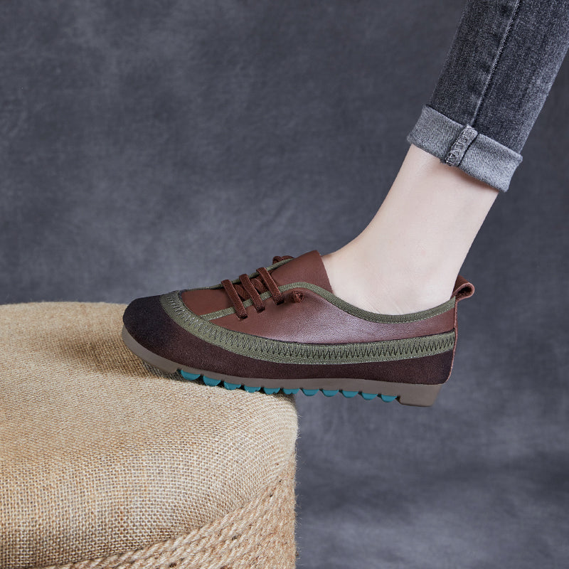 Women's Leather Casual Daily Walking Lace Up Flat Shoes