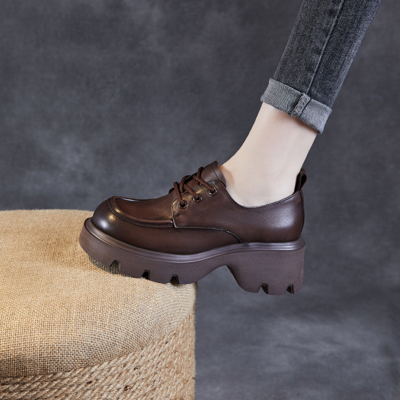 Women's Leather Chunky Heel Lace-Up Oxfords