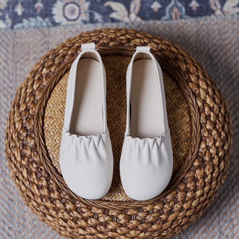 Women's Soft Leather Pleated Daily Slip-On Walking Flats