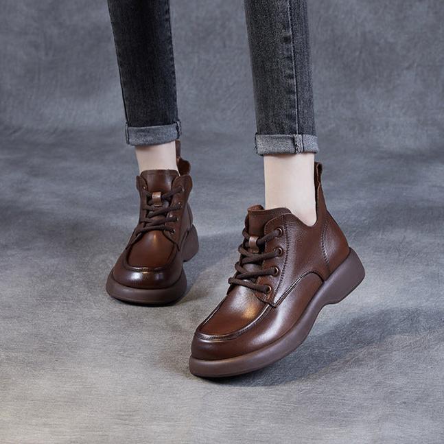 Women's Retro Soft Leather Lace Up Lightweight Non-Slip Ankle Boots