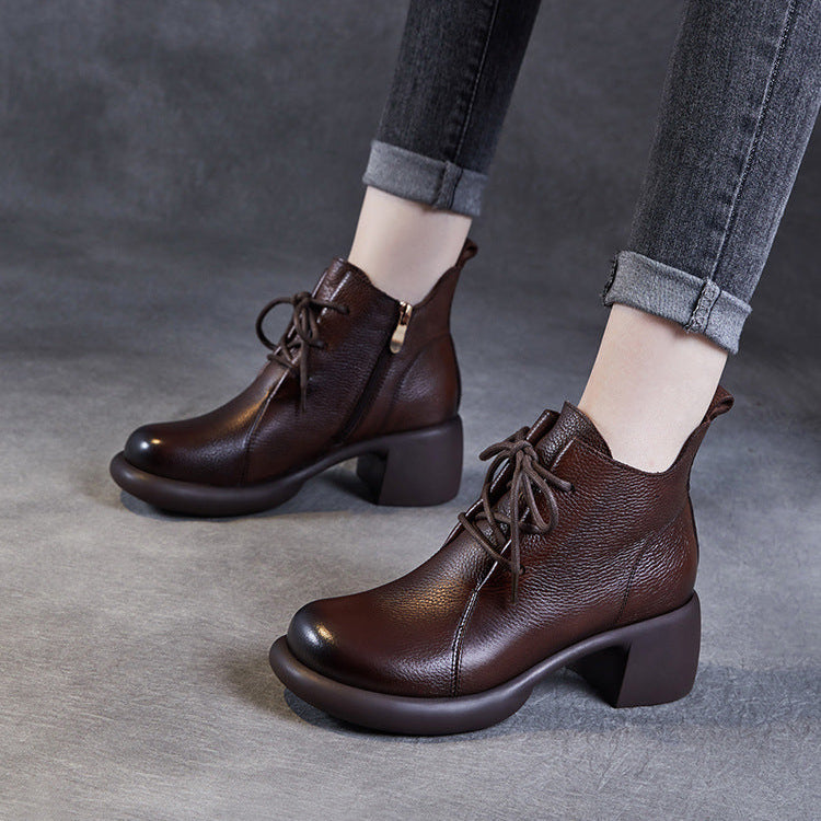 Women's Casual Lace-Up Ankle Boots – Round Toe Block Heel with Side Zipper