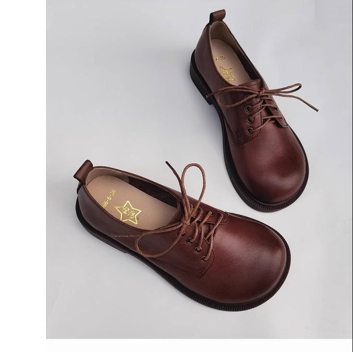 Women's Handmade Wide Toe Box Leather Lace-Up Casual Flat Shoes