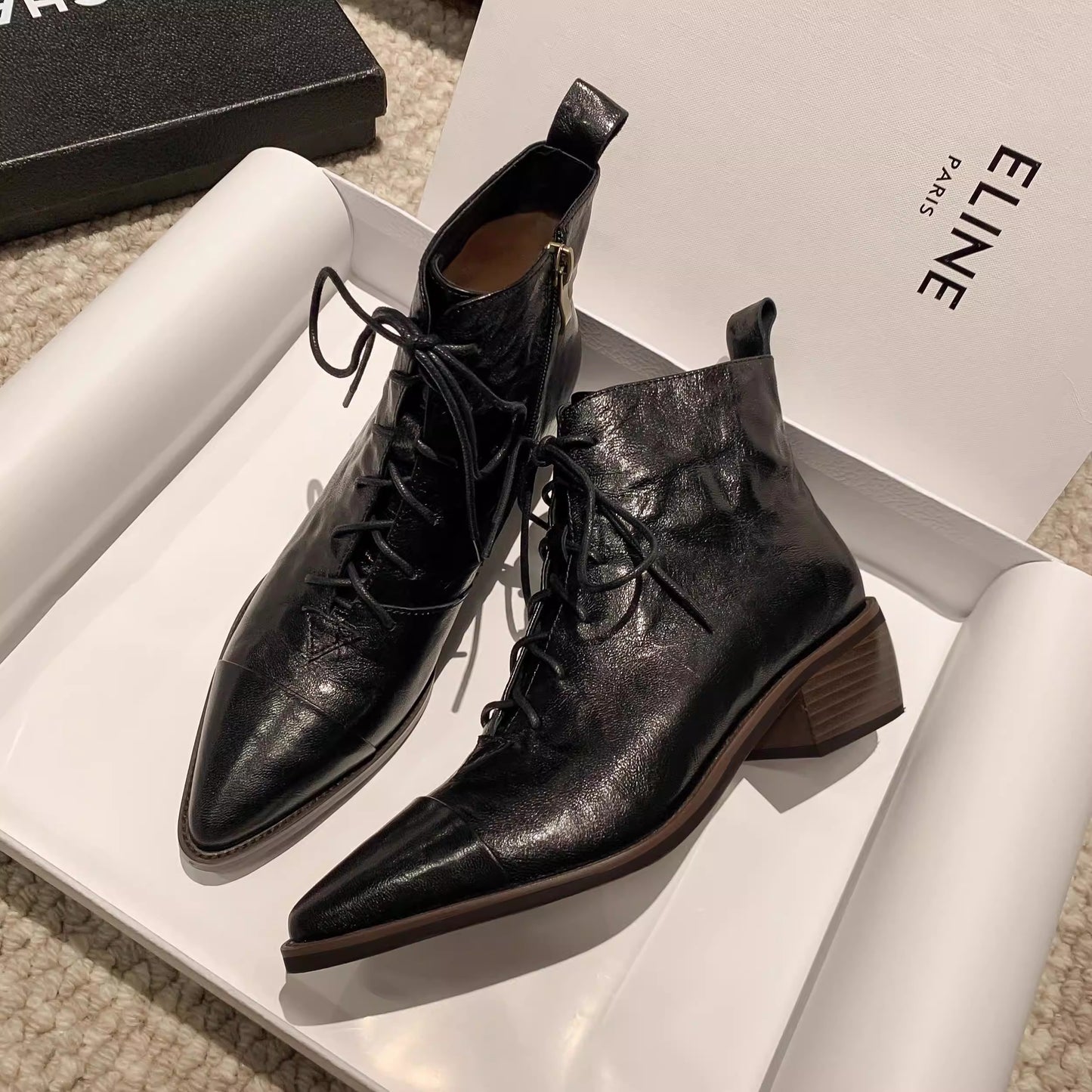 Women's Leather Lace-Up Ankle Boots – Pointed Toe & Block Heel
