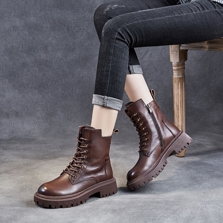 Women's Casual Genuine Leather Boots – Ankle Length with Zipper