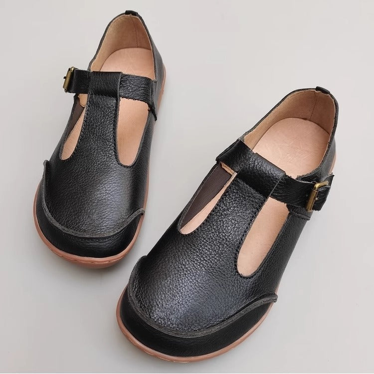 Handmade Vintage Genuine Leather Soft Lightweight T-Strap Mary Jane Shoes for Women