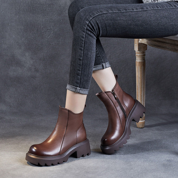 Women's Leather Ankle Boots – Platform Chunky Mid Heel with Side Zipper