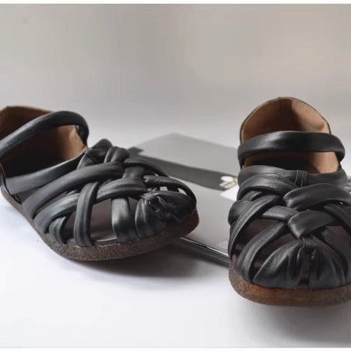Women's Leather Hand-Woven Velcro Flat Sandals
