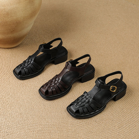 Soft Leather Closed Toe Fisherman Sandals – Retro Chunky Heel for Women