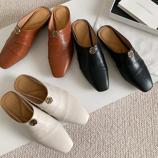 Women's Leather Comfortable Stylish Slip-on Mules With Low Heel