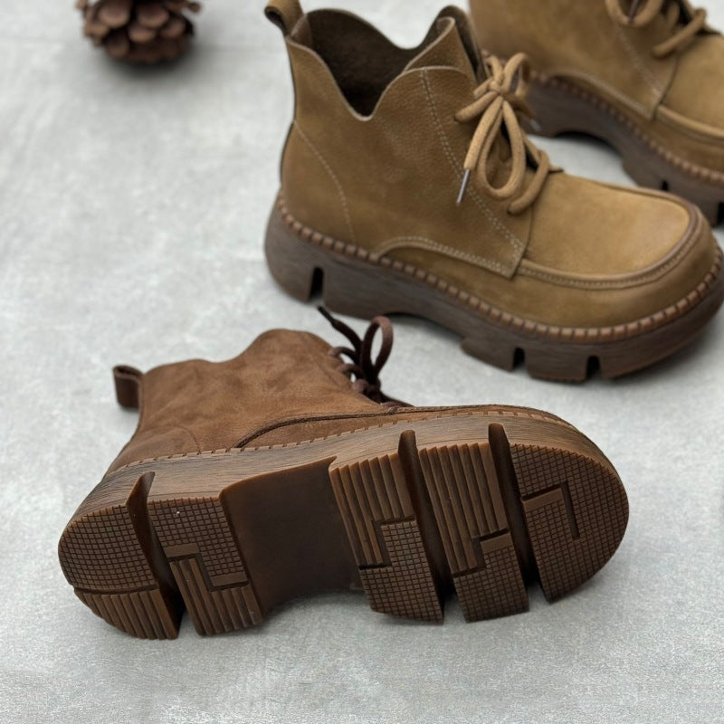 Women's Vintage Leather Lace-Up Boots – Soft Platform Short Ankle Shoes