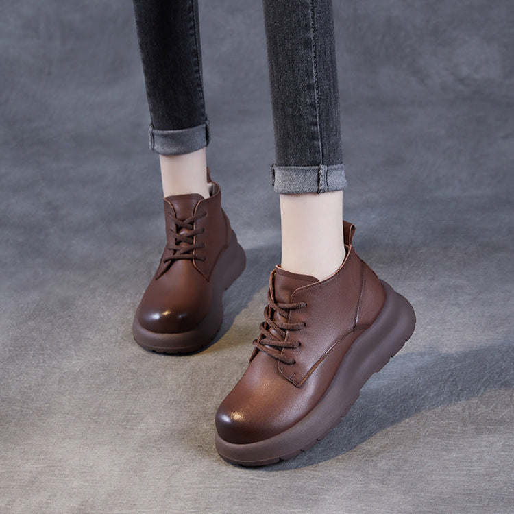 Women's Leather Lace-Up Platform High-Top Shoes – Casual & Comfortable