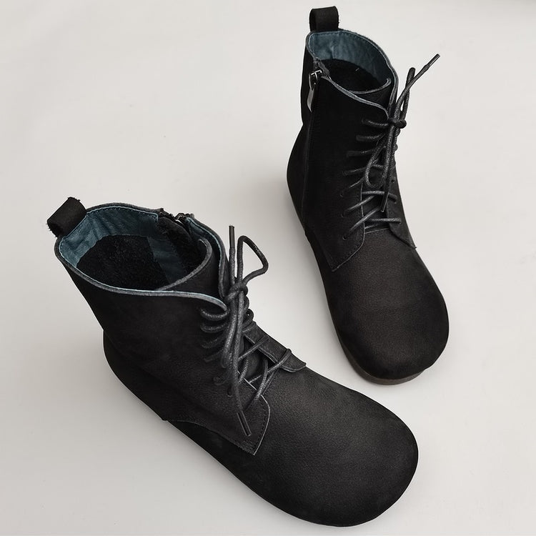 Women's Handmade Vintage Leather Lace-Up Flat Boots – Soft Sole, Breathable & Comfortable
