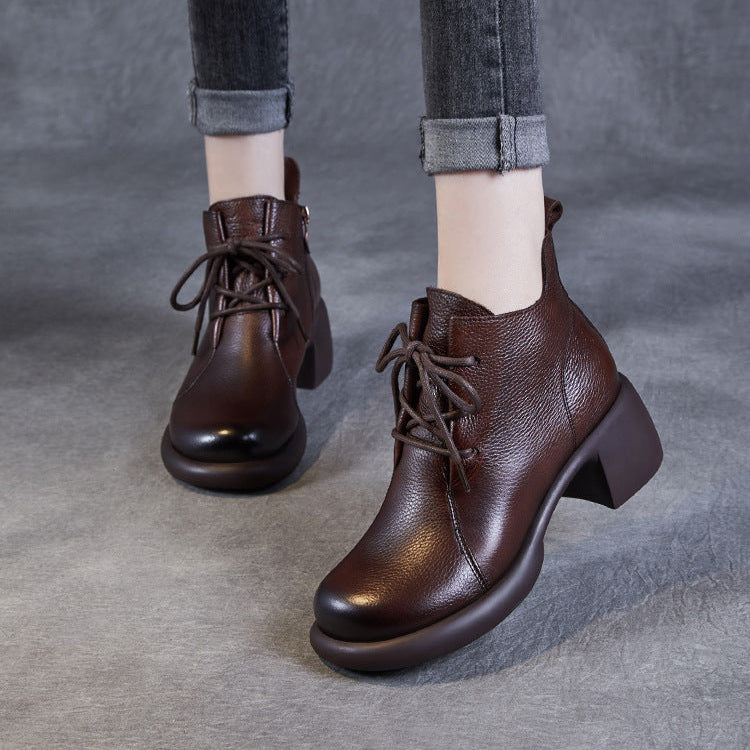 Women's Casual Lace-Up Ankle Boots – Round Toe Block Heel with Side Zipper